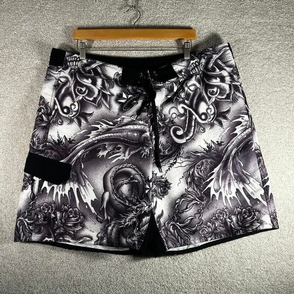 Y2K baggy dragon flame nautical star all over print surf board shorts